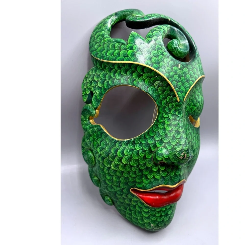 Balinese Batik Wood Mask Green Scale Hand Painted Bali Indonesia Folk Art 11.5in
